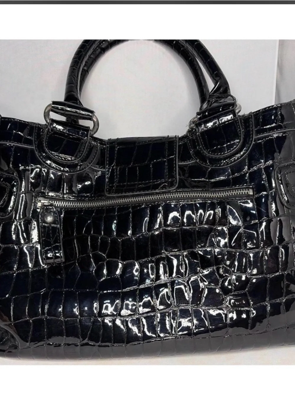 GUESS Black Croc-Embossed Patent Shoulder Bag with Silver Hardware
